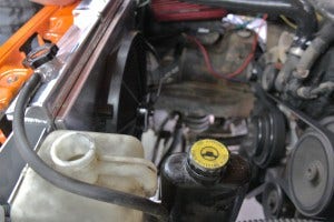 Mishimoto radiator and Jeep YJ electric fan shroud installed 