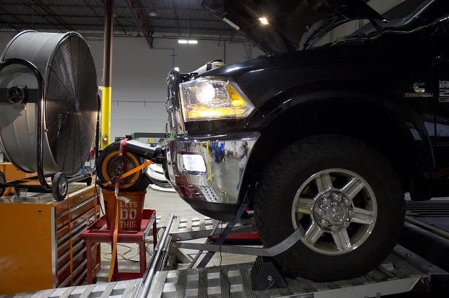 Donor truck on the dyno for Mishimoto Cummins intercooler testing